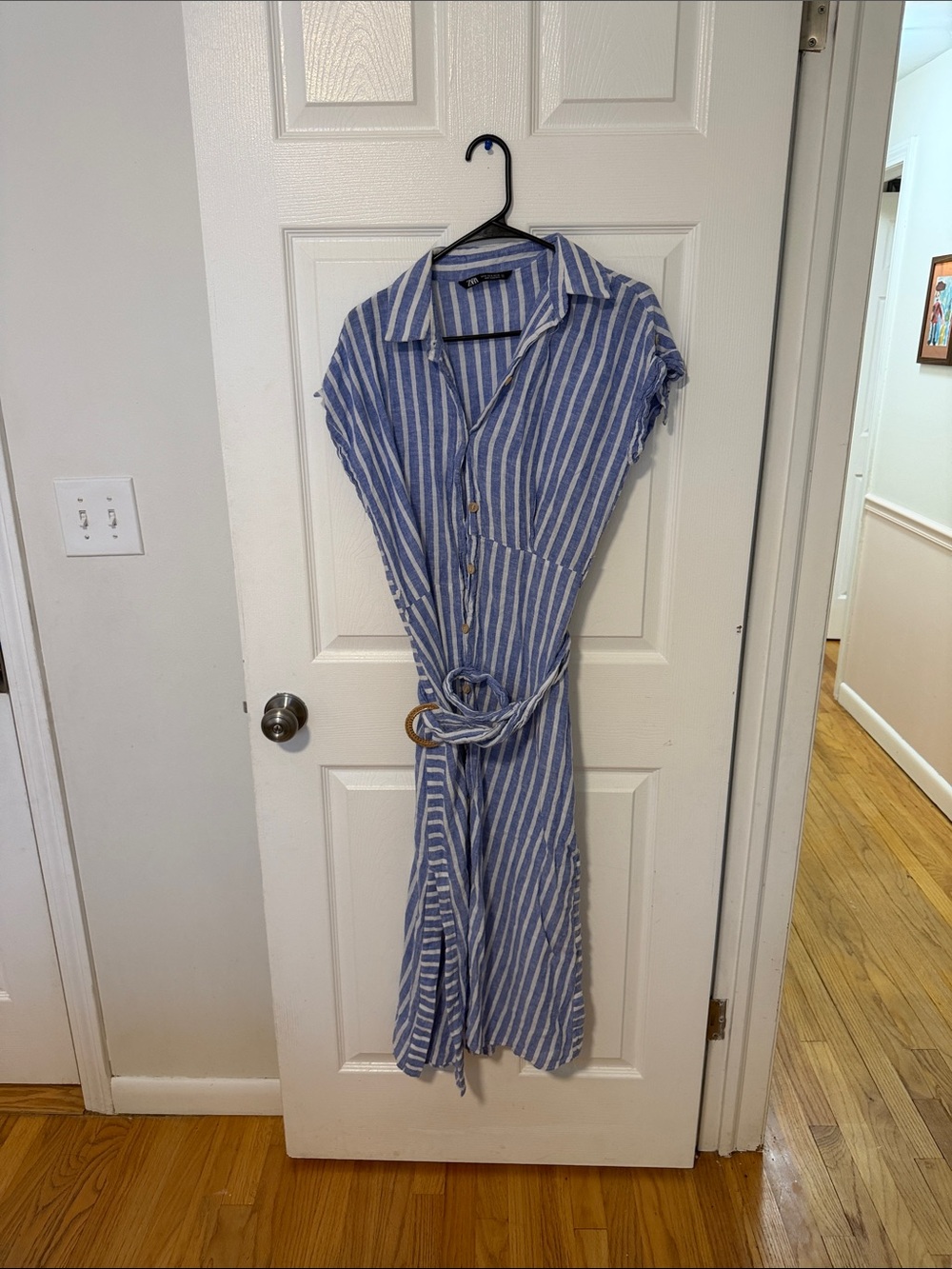 Zara Blue and White Striped Midi Shirt Dress with Belt